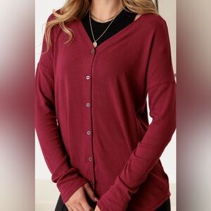 Active USA Burgundy V-Neck Long Sleeve Button Down Cardigan New